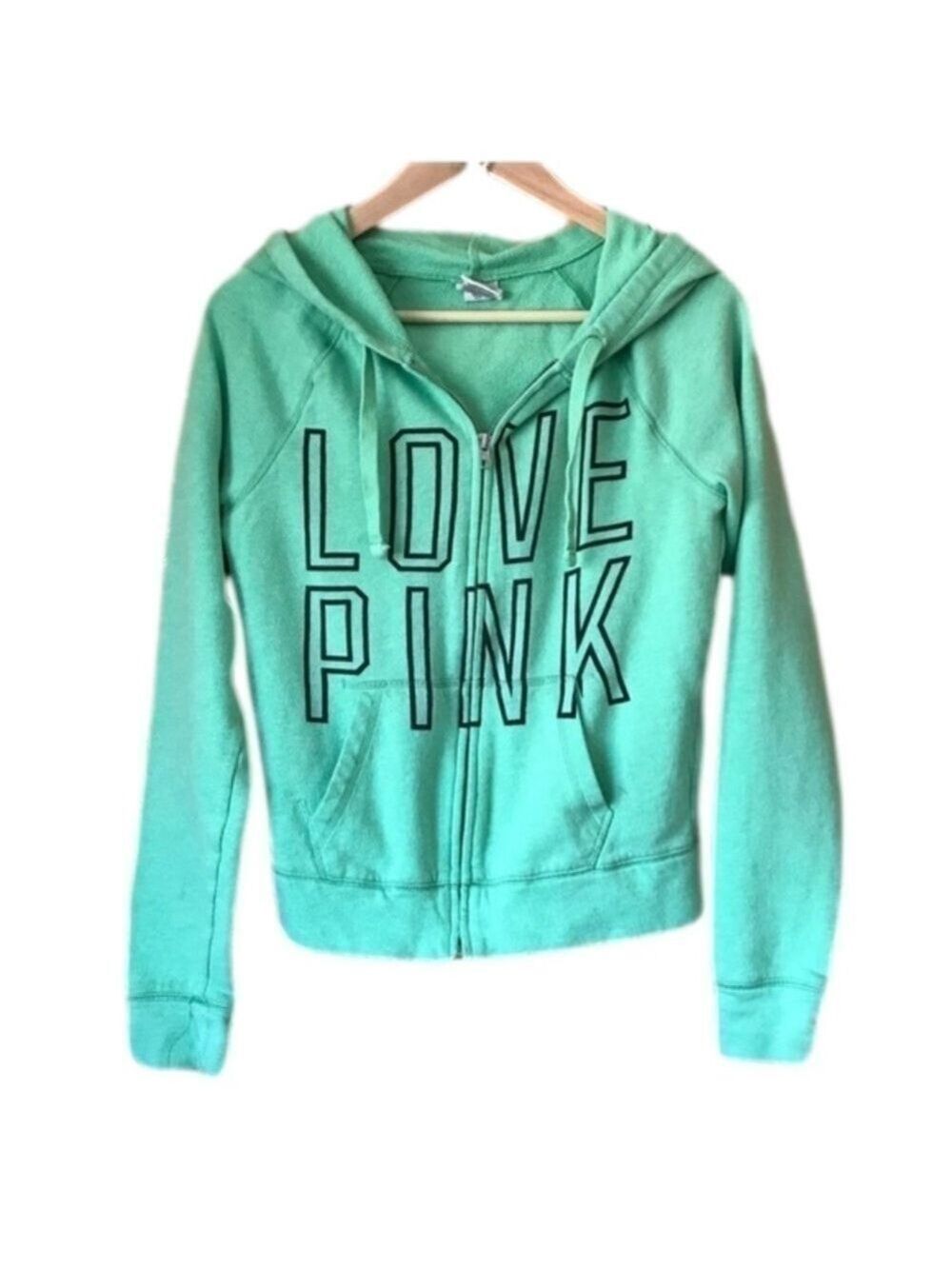 Vintage Victoria’s Secret PINK Mint Green  Zip Hoodie Love Pink Graphic Size XS